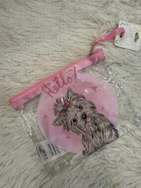 Pink Hello! Yorkie Pup clear makeup bag with cartoon dog graphic